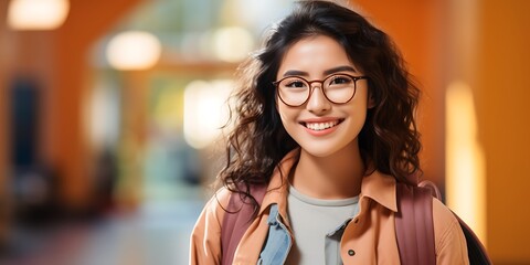 Wall Mural - A young Asian student, wearing glasses and a denim jacket, holds a laptop with a backpack, smiling and looking at the camera