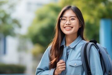 Wall Mural - A young Asian student, wearing glasses and a denim jacket, holds a laptop with a backpack, smiling and looking at the camera