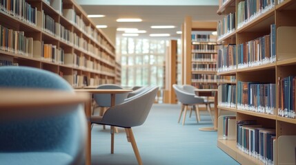 Modern library or bookstore interior with Learning and coworking space,relax zone,Library with rows of bookshelves arranged,school,university,shared desk and chairs,panoramic window.