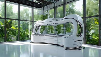 Wall Mural - Futuristic white laboratory with expansive windows showcasing vibrant greenery and advanced AI technology