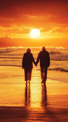 Wall Mural - Serene Elderly Couple Walking Together On Sunset Beach  