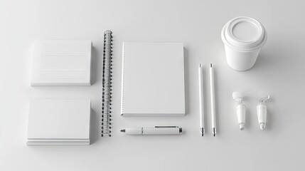 Wall Mural - A set of minimalist white office supplies, including a notebook, pen, and coffee cup, placed neatly on a white surface.