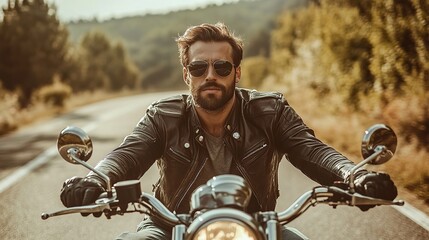 A man rides a motorcycle on a scenic road, exuding confidence.