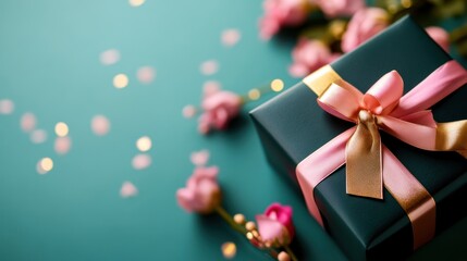 A beautifully wrapped gift box with a pink ribbon surrounded by soft pink flowers on a teal background. Perfect for celebrations.