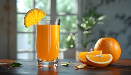 Wall Mural - Vibrant close-up of fresh orange juice in a clear glass against a pristine white background