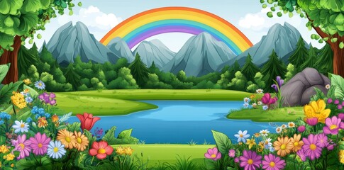 in a springtime village, green meadows and mountains with blue skies and rainbows dot the landscape.