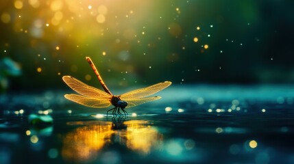 A mesmerizing dragonfly perched on water, illuminated by soft sunlight, creating a magical atmosphere with sparkling bokeh.