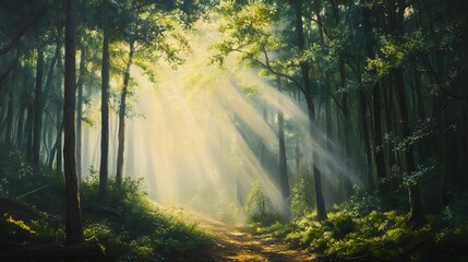 Wall Mural - Sunbeams Filtering Through Trees in a Foggy Forest