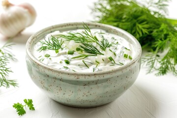 Wall Mural - A bowl filled with creamy sour cream and a fresh sprig of dill, perfect for dipping or as a topping