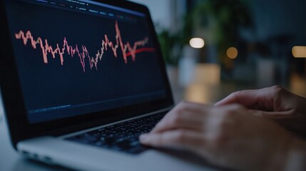 Wall Mural - Woman analyzing stock market trends on laptop: strategies for navigating falling markets