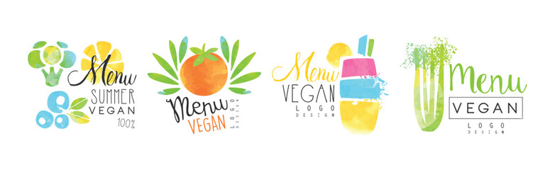 Poster - Vegan Summer Menu Bright Logo Design Vector Set