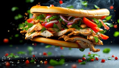 Aromatic grilled beef and chicken shawarma sandwich soaring against a black backdrop