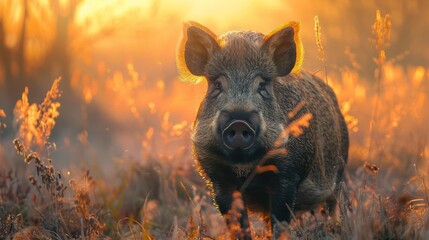 a pink hog is standing in a field of autumn leaves during sunset, creating a picturesque scene.