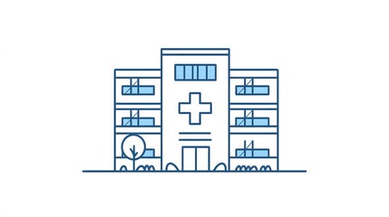 Outline Illustration of a Hospital Building with a Cross Symbol