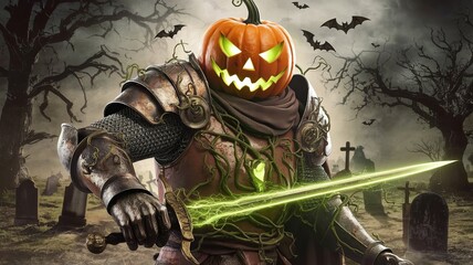 A Halloween image of a knight with a pumpkin-shaped helmet. The helmet has a sinister grin and glowing green eyes