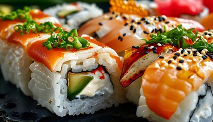 Gourmet Asian Sushi Closeup Showcasing Exquisite Seafood and Delicate Rice