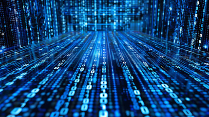 An abstract digital background with binary code and AI algorithms running in the background 