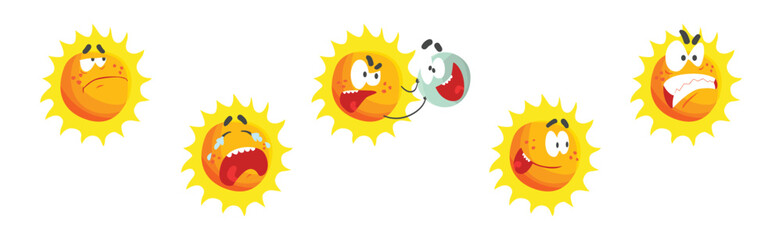 Wall Mural - Funny Sun Character with Rays and Face Emotion Vector Set