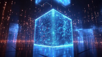 Wall Mural - a glowing blue cube with digital data floating in a futuristic, abstract, and glowing digital space.