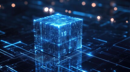 A glowing blue cube with binary code floating above a circuit board.