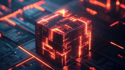 Wall Mural - a glowing red cube with circuit board patterns sits on a dark surface with orange glow lines.