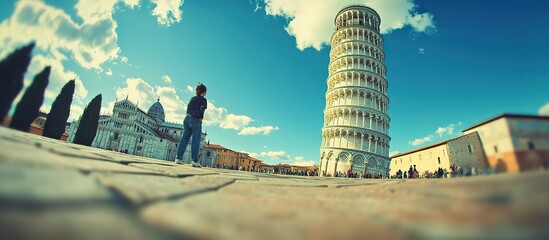 A person stands before the Leaning Tower of Pisa under a bright sky.