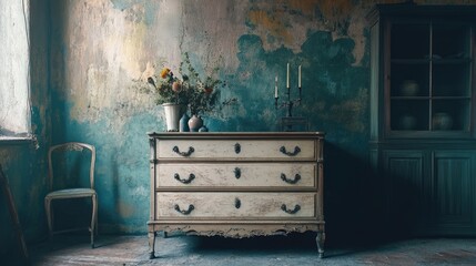 Wall Mural - Ancient vintage classic dresser near dilapidated wall Retro grunge home interior design of aged living room