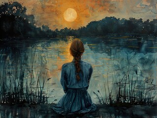 Wall Mural - Woman Contemplating Sunset Over Lake