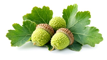 Sticker - Green Acorns with Leaves Isolated on White Background