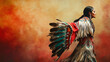 © ksu_ok - Native American woman wearing a traditional jingle dress with colorful feathers, standing gracefully against a warm gradient background, symbolizing cultural heritage and artistic expression.