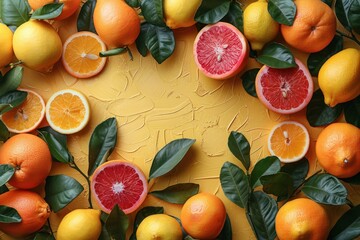 Fresh citrus fruits arranged on a vibrant yellow background showcasing oranges, lemons, and grapefruits with leafy accents