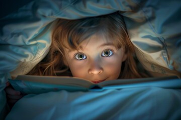 Young girl reading under the covers with her eyes wide open, illuminated by a torch flashlight of an old frightening scary children s book's. Dark, moody lighting