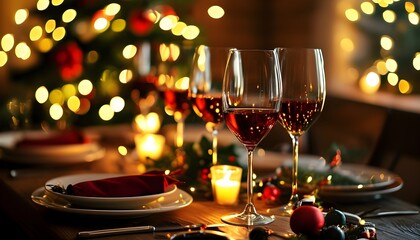 Wall Mural - Charming Holiday Table Setting with Wine Glasses and Cozy Warm Lights for a Festive Evening