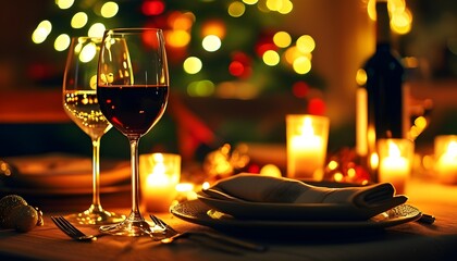 Wall Mural - Charming Holiday Table Setting with Wine Glasses and Cozy Warm Lights for a Festive Evening