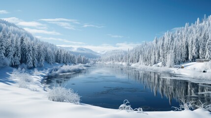 Wall Mural - Frozen winter lake, snowy winter landscape.  