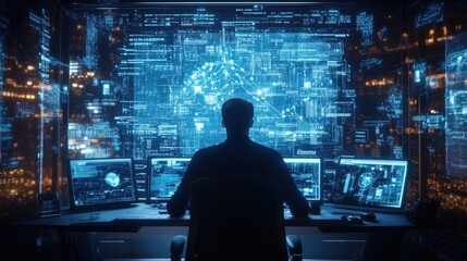 A focused programmer with a beard works on a computer with a cloud icon and digital graphics on the screen.
