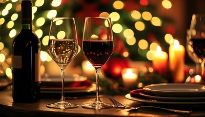 Wall Mural - Charming Holiday Table Setting with Wine Glasses and Cozy Warm Lights for a Festive Evening