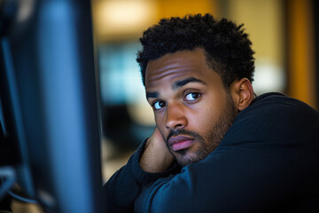 Portrait of a handsome man looking at the camera while sitting in front of a computer screen, working late at night and feeling tired with a pensive expression, looking tired and worried. 