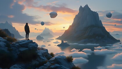 Dreamlike Dawn in a Surreal Mountain Landscape with a Man Gazing at Floating Islands