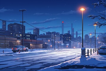 Winter night in a city street illuminated by lamplights and covered in fresh snow