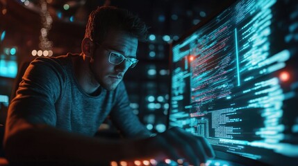 A young man in glasses sits in front of a computer screen, illuminated by the glow of the code displayed on the screen, late at night. He appears focused and engrossed in his work.