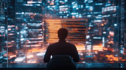 A programmer sits in front of a computer screen filled with code, with a city skyline visible through the window behind him.