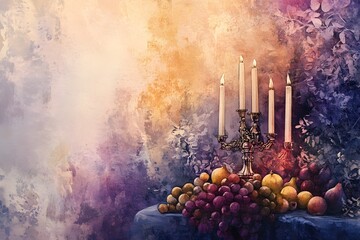 Wall Mural - A painting of a table with candles and fruit