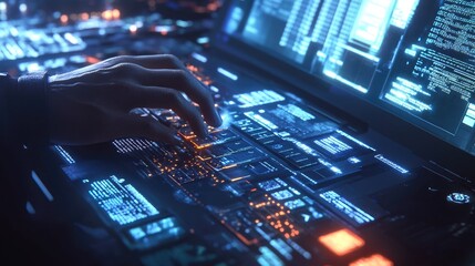 A hand types on a futuristic glowing keyboard with a screen displaying code in the background.