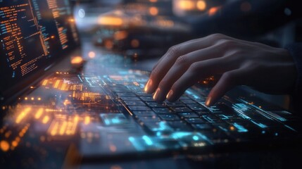 Close-up of a person's hand typing on a glowing keyboard with lines of code in the background.