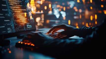 A close-up shot of a person's hands typing on a keyboard in front of a computer screen displaying code.  The background is a blur of glowing lights.