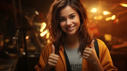 Close up of a woman at work smiling with a thumb up.