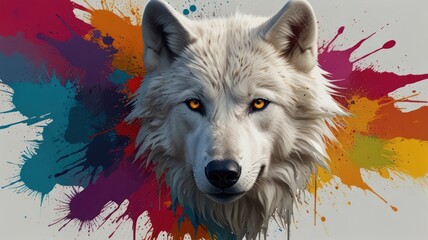 Wall Mural - Wolf Portrait with Colorful Splatter Background