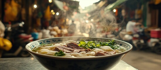 Wall Mural - A steaming bowl of noodle soup in a bustling market setting.