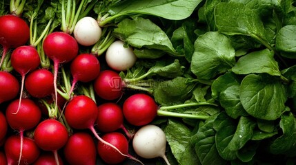 A display of colorful radishes (Raphanus sativus) with their bright red bulbs and green leaves